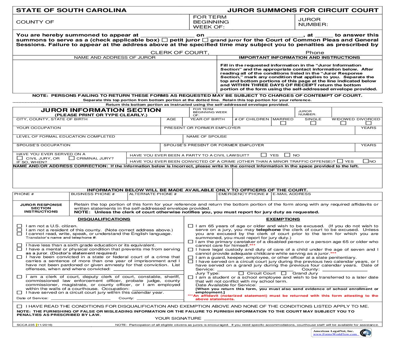 Juror Summons {SCCA-235} | Pdf Fpdf Doc Docx | South Carolina