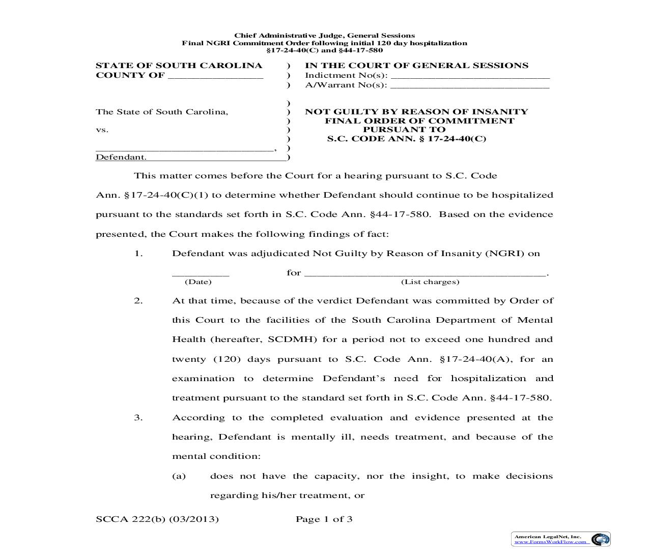 Not Guilty By Reason Of Insanity Final Order Of Commitment {SCCA-222b} | Pdf Fpdf Doc Docx | South Carolina