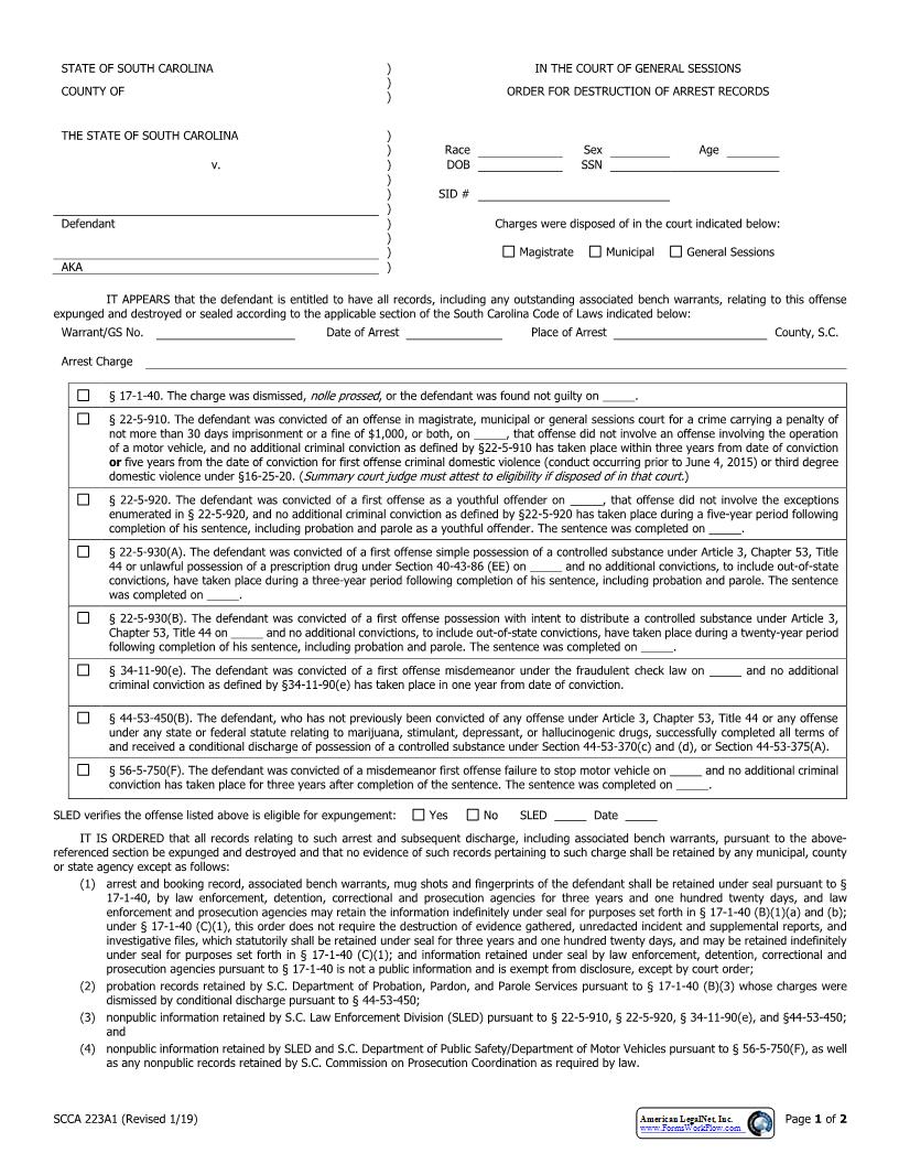 Order Of Destruction Of Arrest Records (General Sessions) {SCCA223A1} | Pdf Fpdf Docx | South Carolina