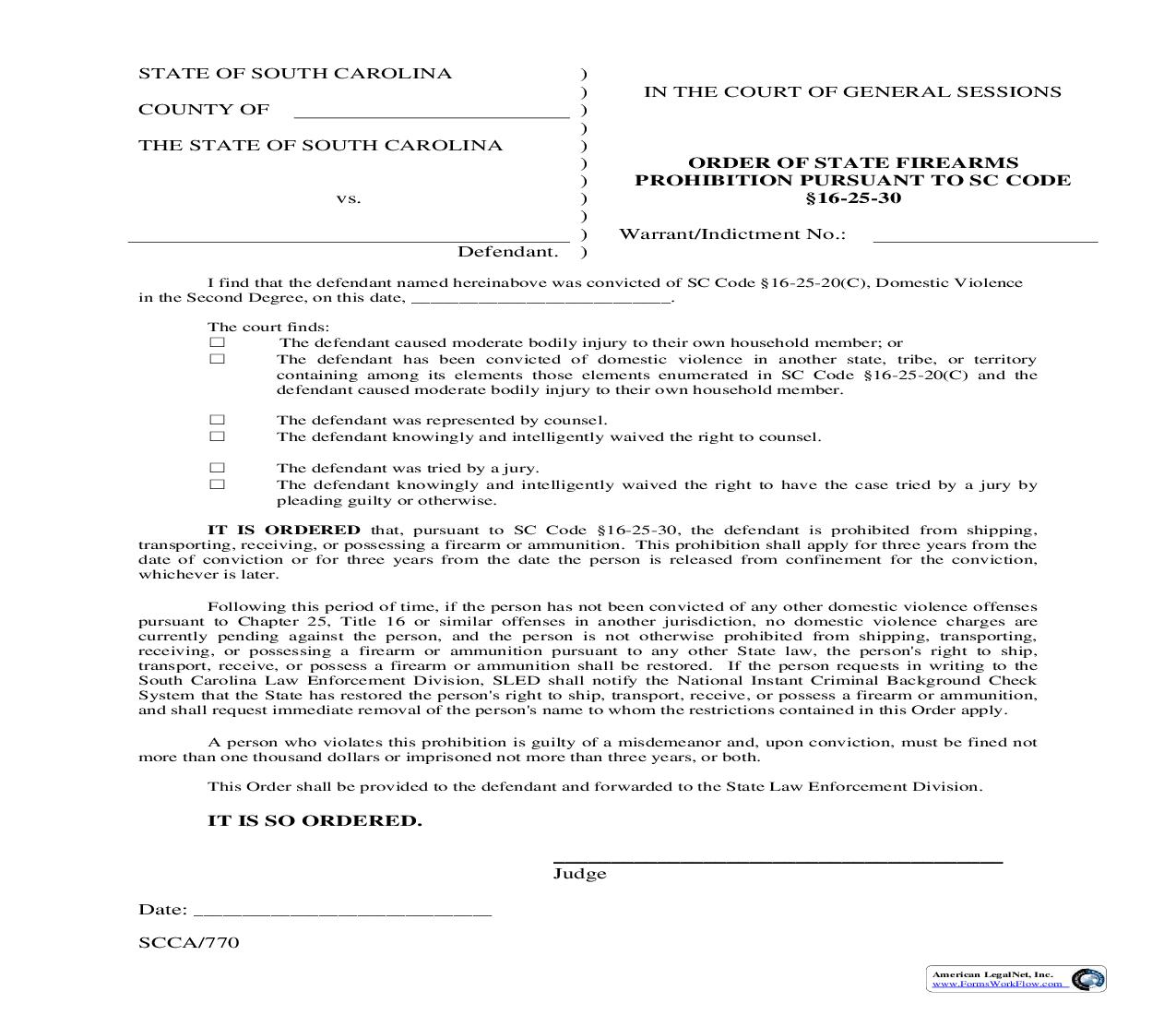 Order Of State Firearms Prohibition-DV-2nd Degree {SCCA-770} | Pdf Fpdf Doc Docx | South Carolina
