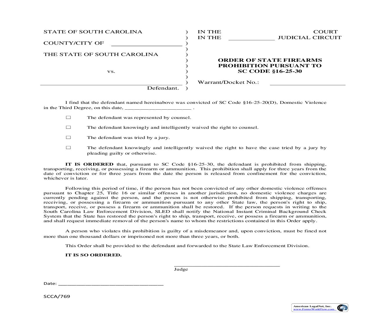 Order Of State Firearms Prohibition-DV-3rd Degree {SCCA-769} | Pdf Fpdf Doc Docx | South Carolina