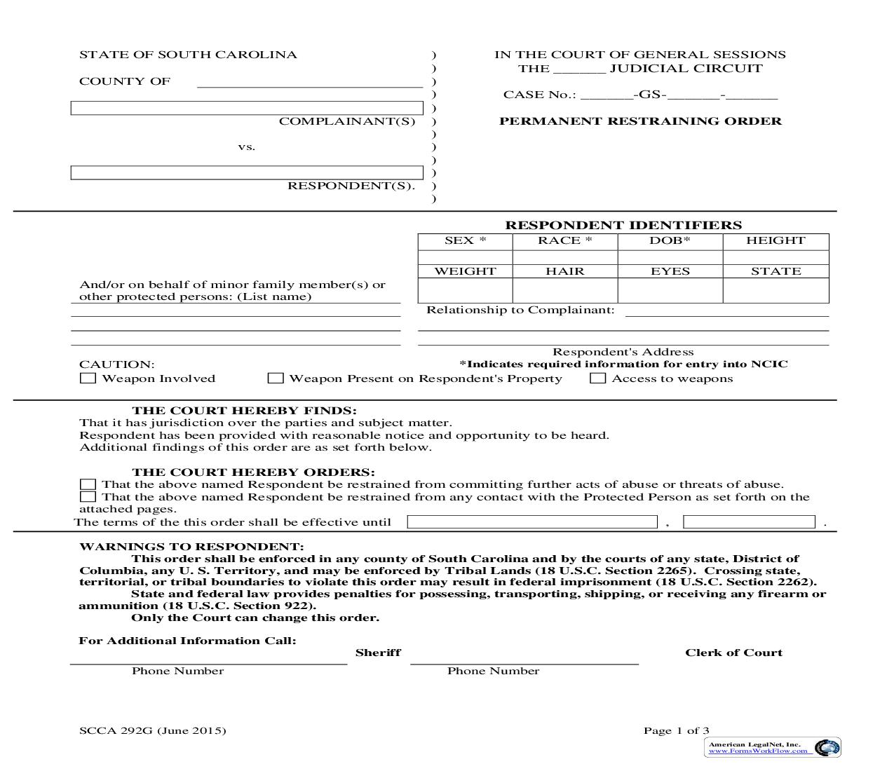 Permanent Restraining Order {SCCA-292G} | Pdf Fpdf Doc Docx | South Carolina