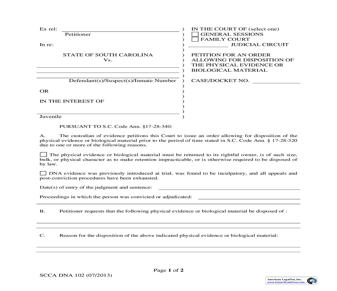 Petition For An Order Allowing For Disposition Of The Physical Evidence {SCCA DNA 102} | Pdf Fpdf Doc Docx | South Carolina
