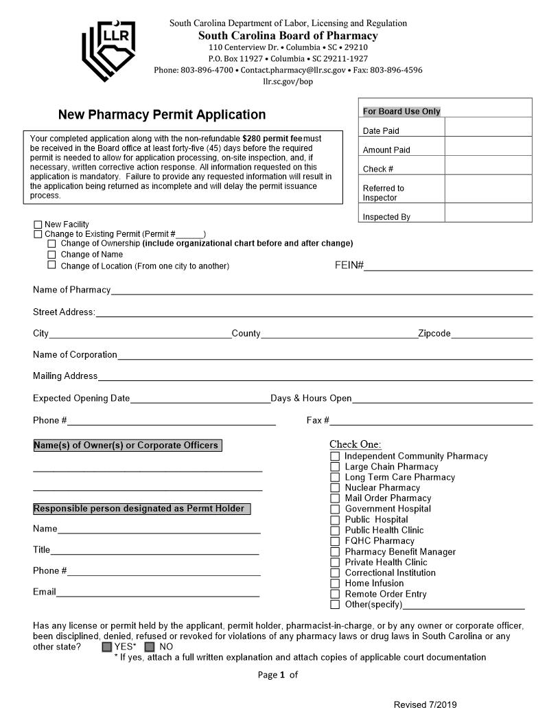 New Pharmacy Permit Application | Pdf Fpdf Doc Docx | South Carolina