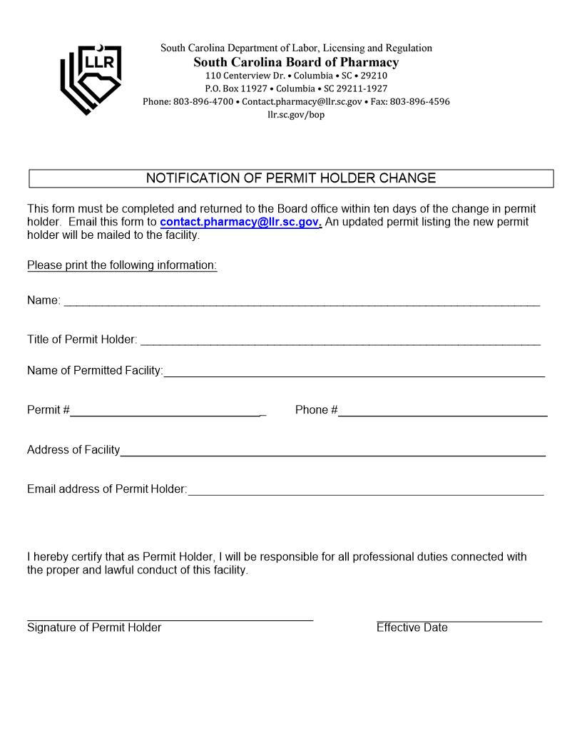Notification of Permit Holder Change | Pdf Fpdf Doc Docx | South Carolina