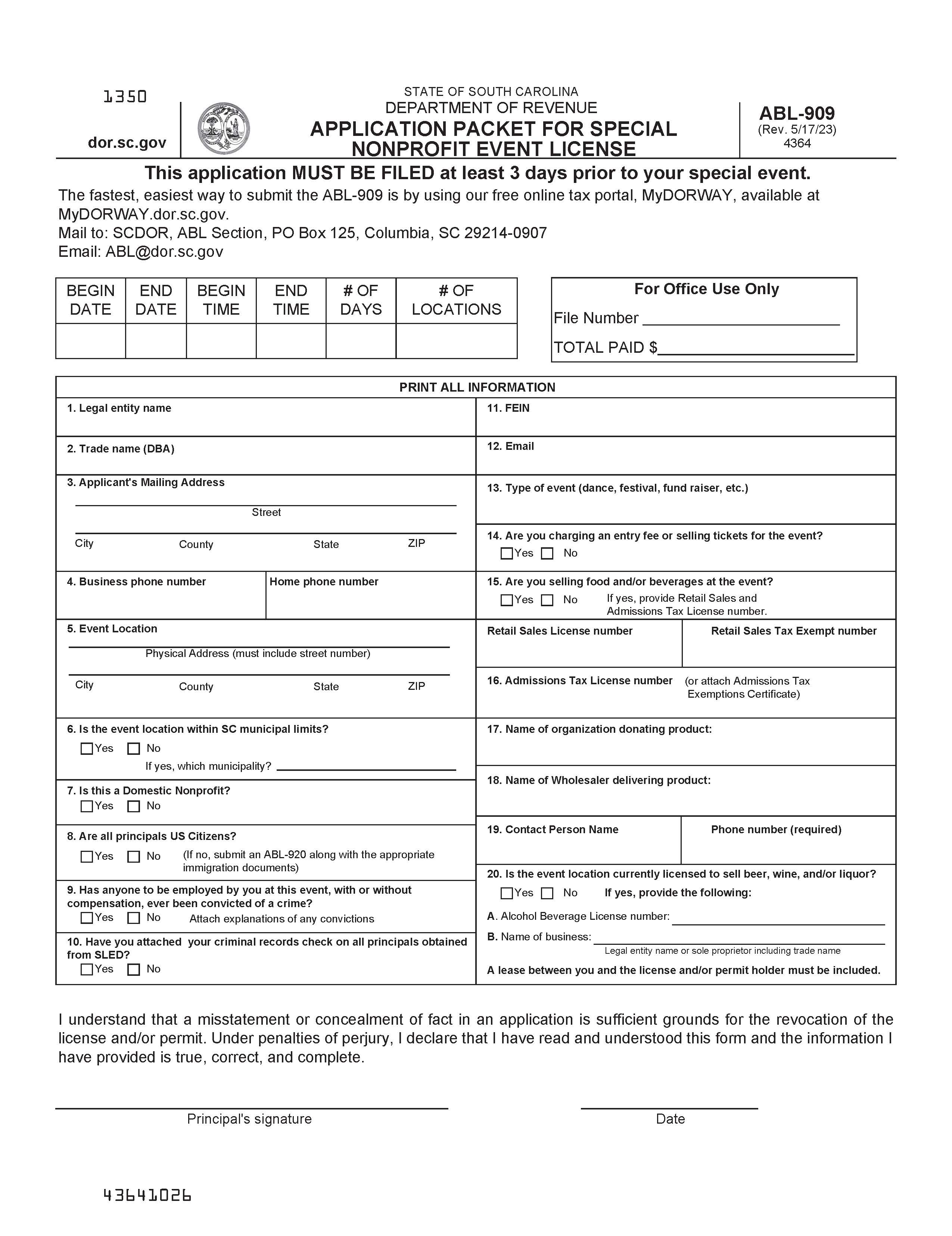 ABL Packet For Special Nonprofit Event License {ABL-909} | Pdf Fpdf Docx | South Carolina