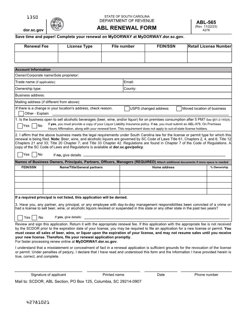 Alcoholic Beverage Licensing Renewal Form {ABL-565} | Pdf Fpdf Docx | South Carolina