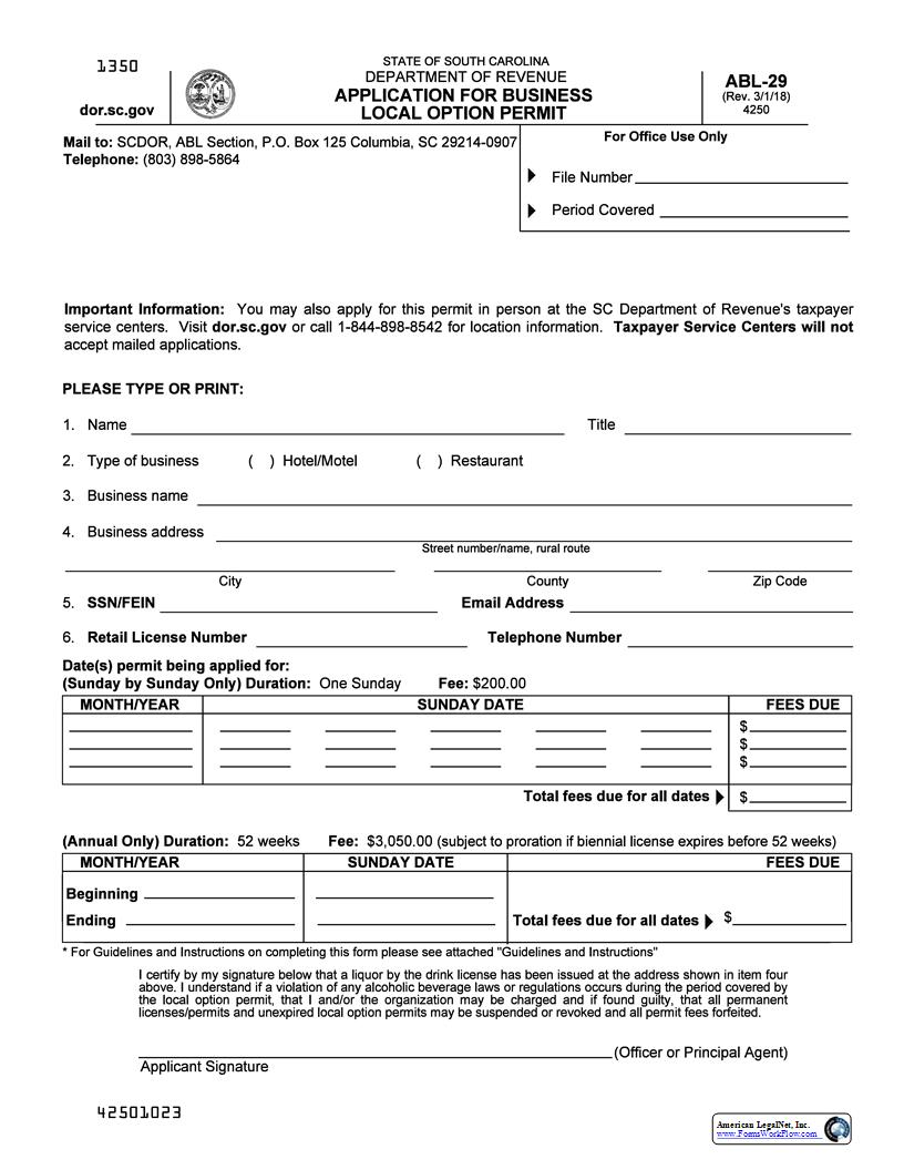 Application For Business Local Option Permit {ABL-29} | Pdf Fpdf Docx | South Carolina