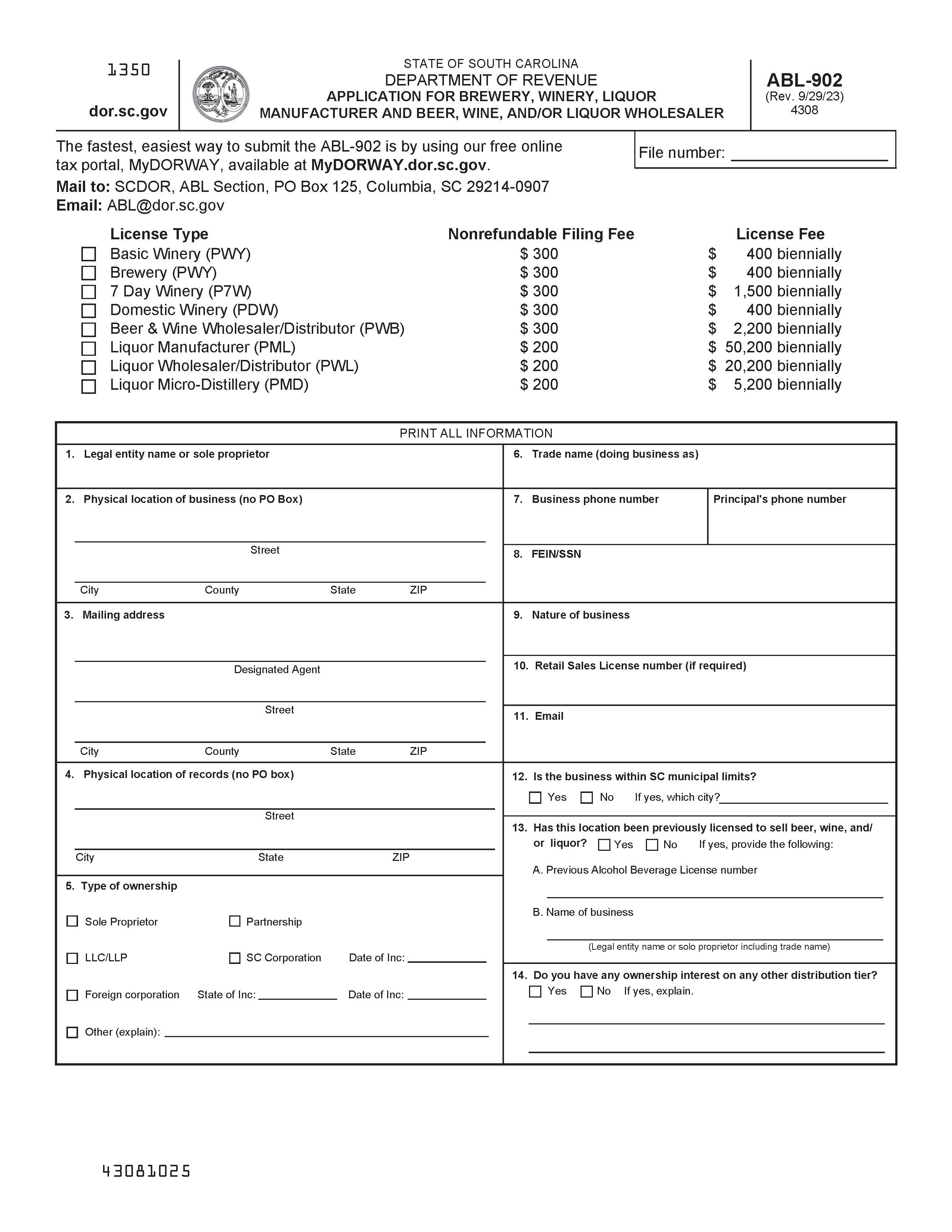 Application For In-State Brewery Winery Liquor Manufacturer Beer-Wine And-Or Liquor Wholesaler {ABL-902} | Pdf Fpdf Doc Docx | South Carolina