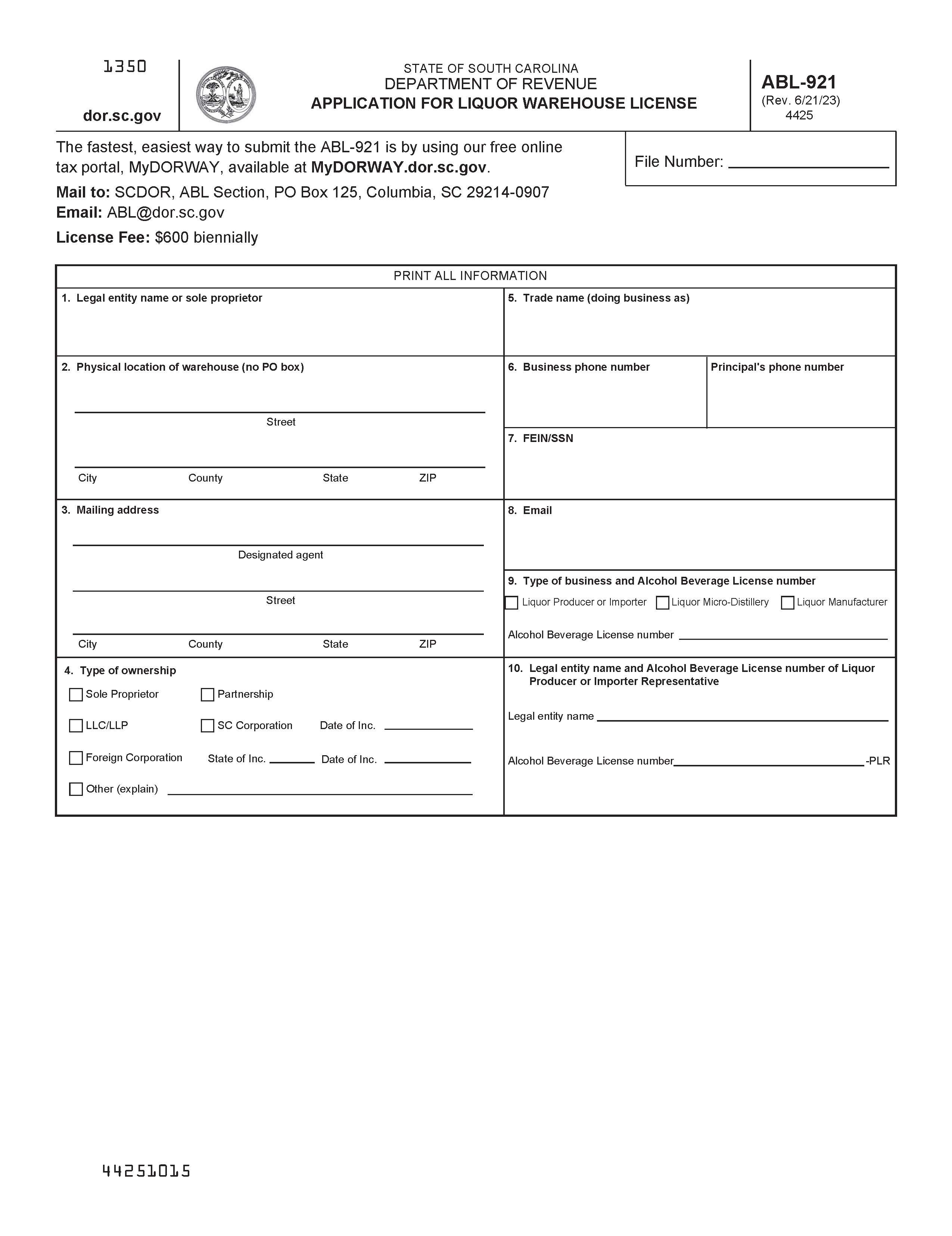 Application For Liquor Producer Warehouse License {ABL-921} | Pdf Fpdf Doc Docx | South Carolina