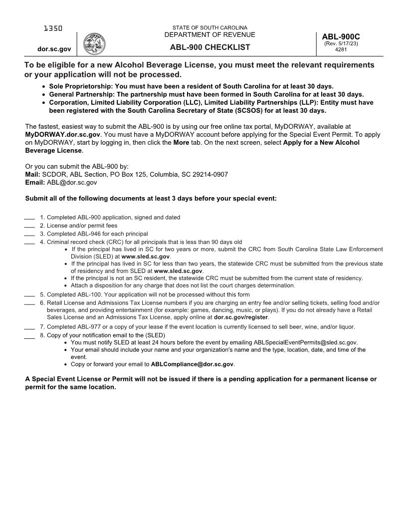 Application For Special Event Beer Wine And-Or Liquor {ABL-900} | Pdf Fpdf Docx | South Carolina