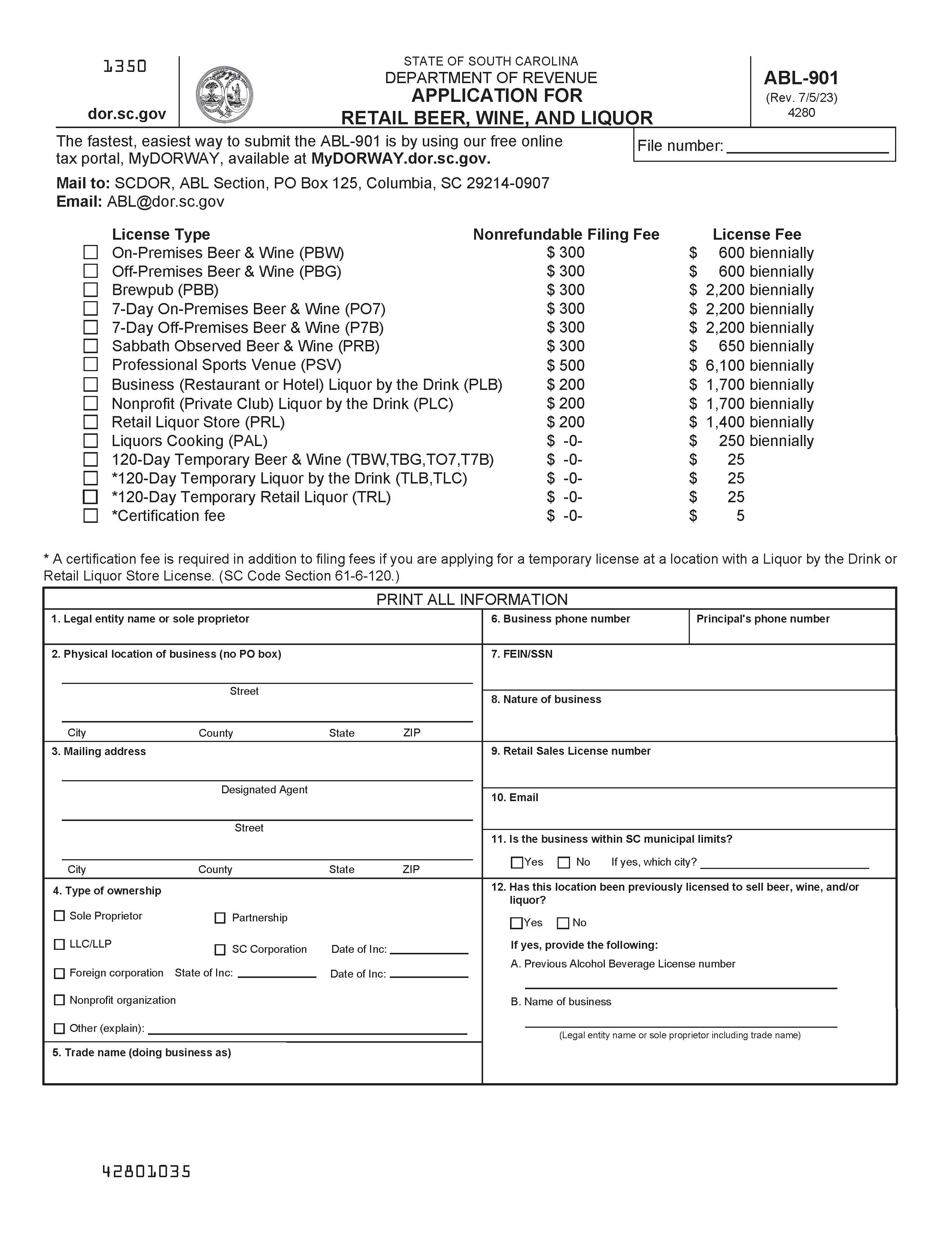 Application Package For Retail Beer Wine And Liquor And Instructions {ABL-901} | Pdf Fpdf Doc Docx | South Carolina