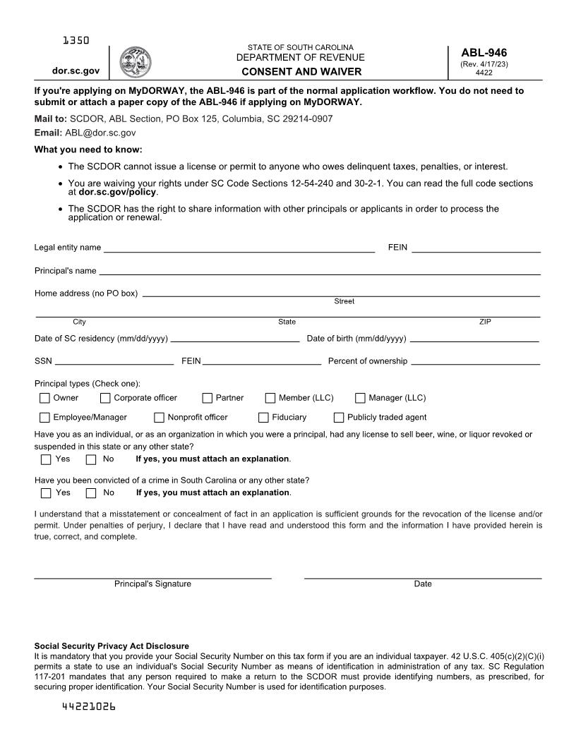 Consent And Waiver {ABL-946} | Pdf Fpdf Doc Docx | South Carolina