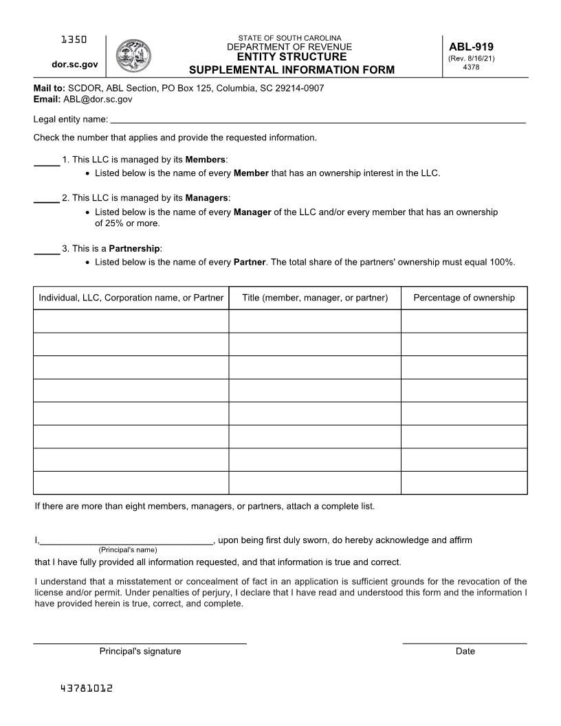 Entity Structure Supplemental Information Form {ABL-919} | Pdf Fpdf Doc Docx | South Carolina