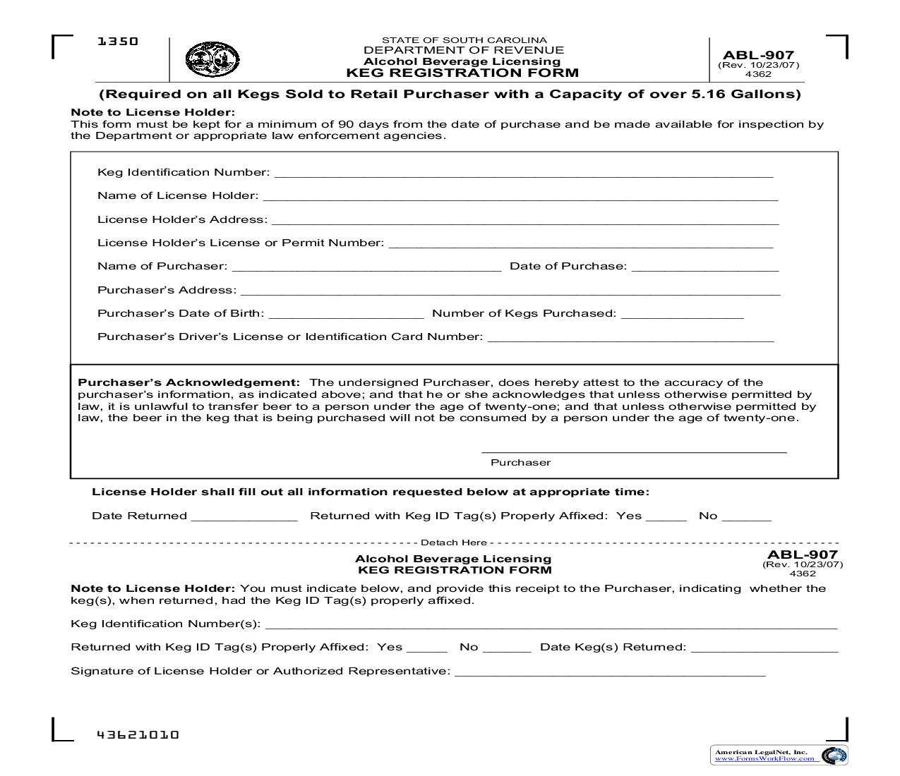 Keg Registration Form {ABL-907} | Pdf Fpdf Doc Docx | South Carolina