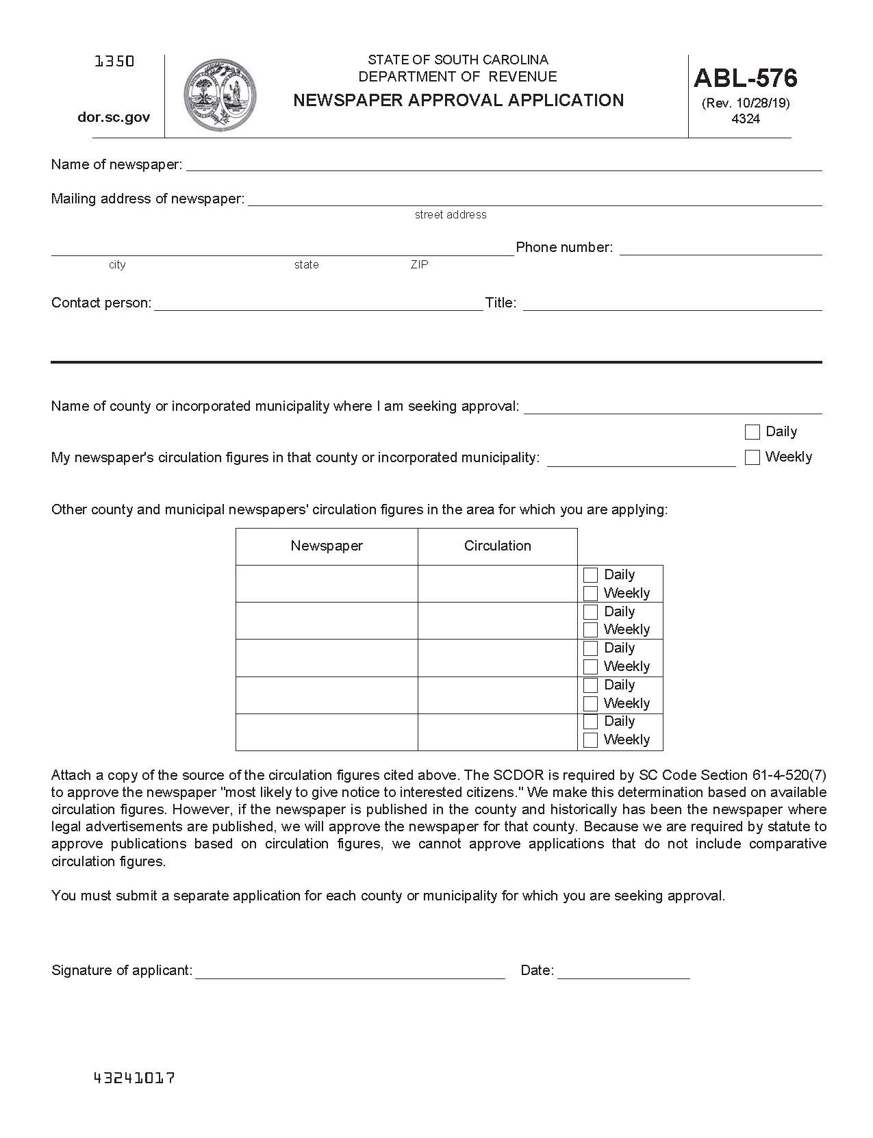 Newspaper Approval Application {ABL-576} | Pdf Fpdf Doc Docx | South Carolina