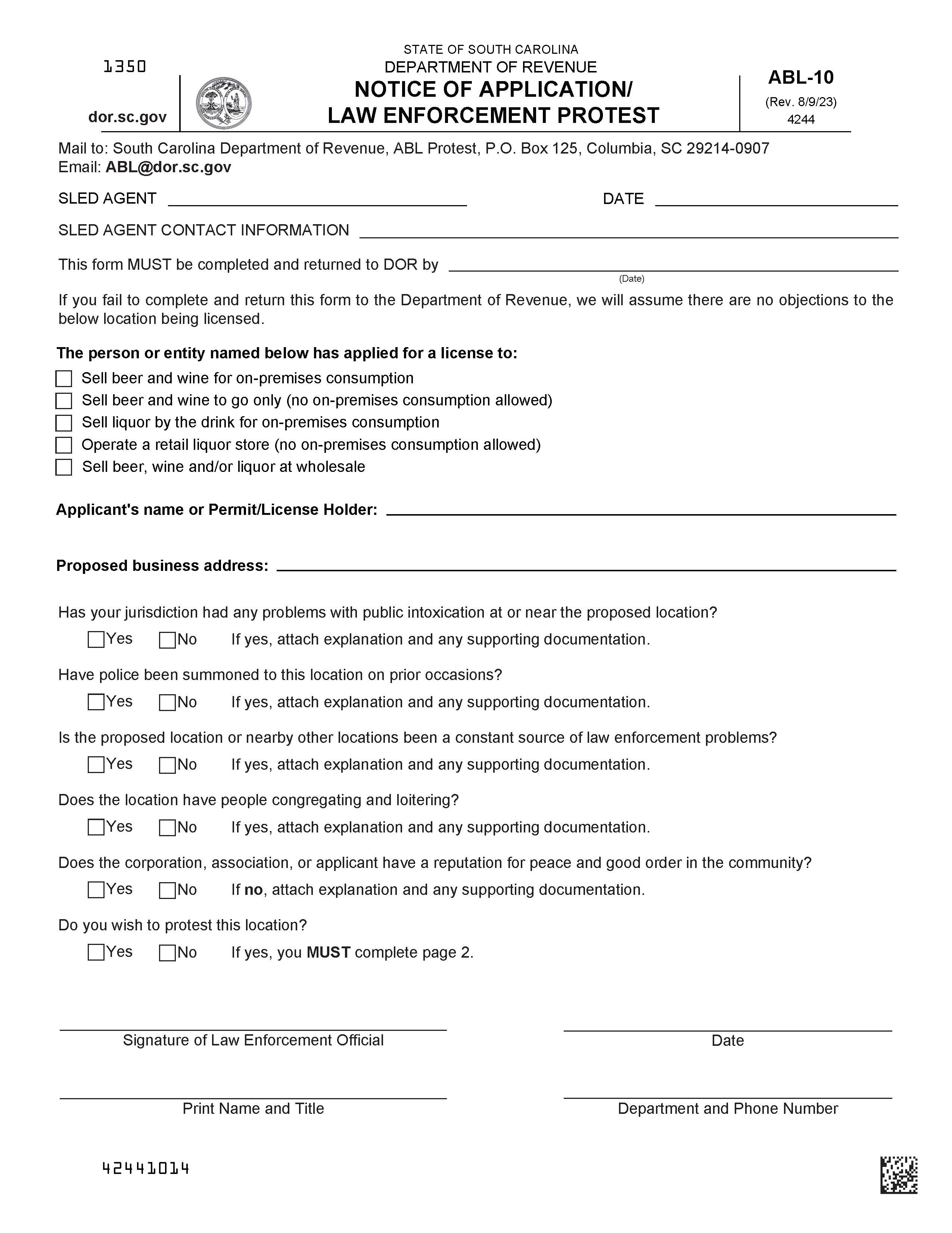 Notice Of Application {ABL-10} | Pdf Fpdf Docx | South Carolina