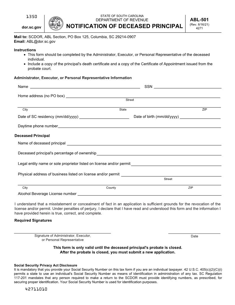 Notice Of Deceased Principal {ABL-501} | Pdf Fpdf Doc Docx | South Carolina