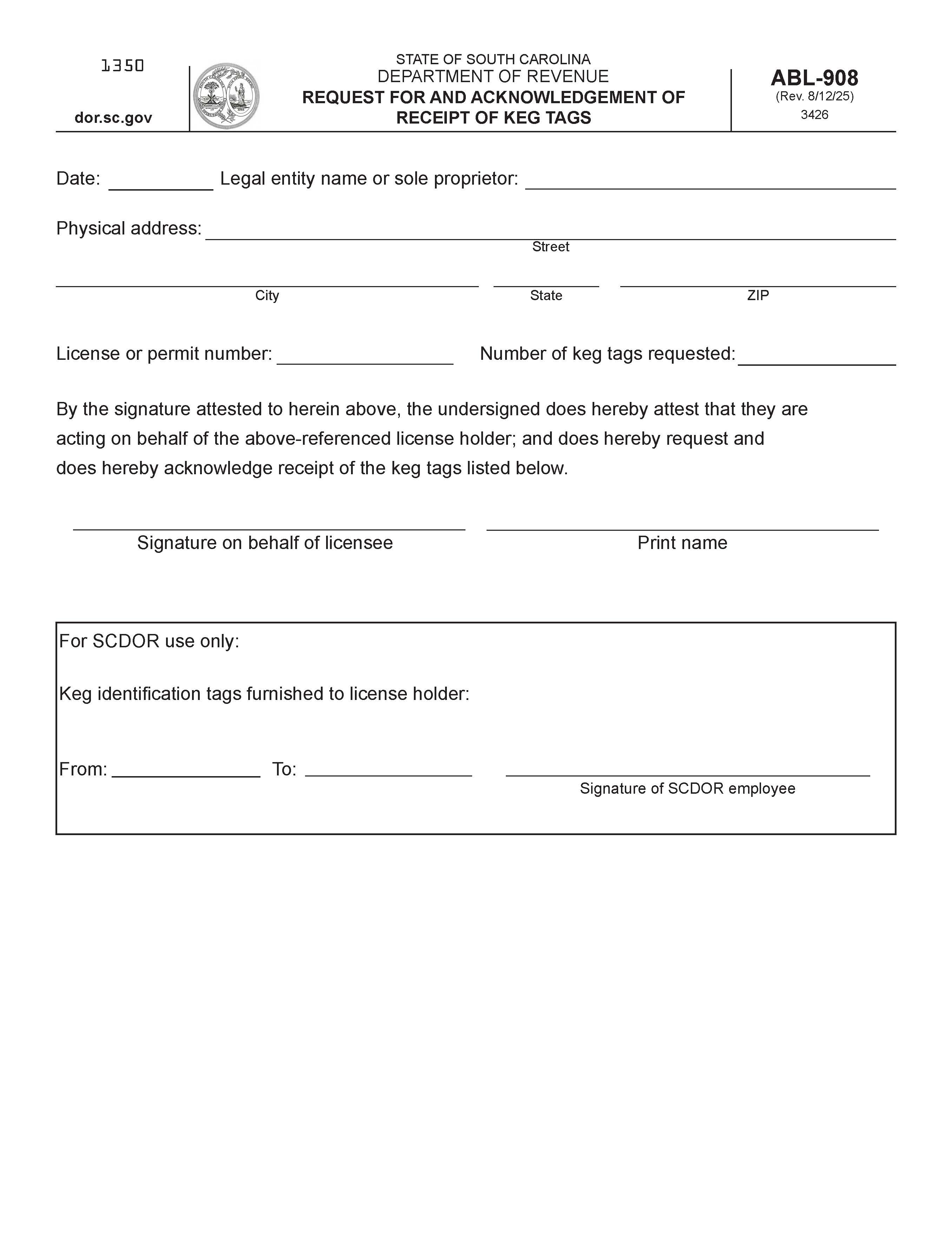 Request For And Acknowledgement Of Receipt Of Keg Identification Tags {ABL-908} | Pdf Fpdf Doc Docx | South Carolina