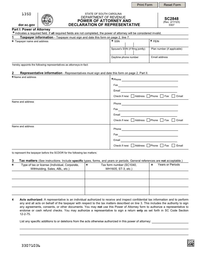 Power Of Attorney And Declaration Of Representative {SC2848} | Pdf Fpdf Doc Docx | South Carolina