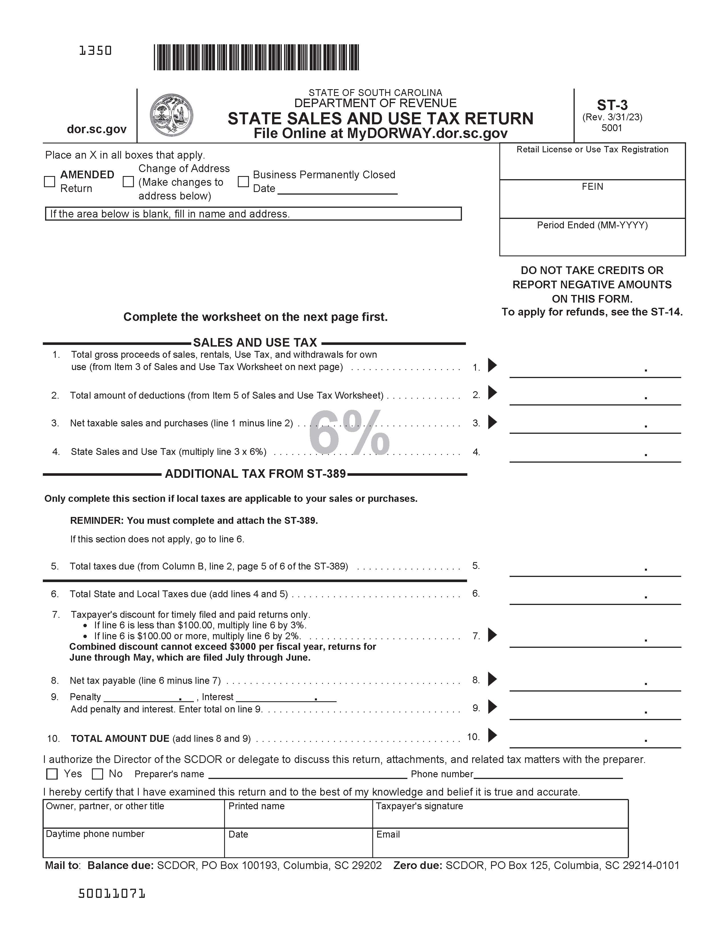 State Sales And Use Tax Return {ST-3} | Pdf Fpdf Docx | South Carolina
