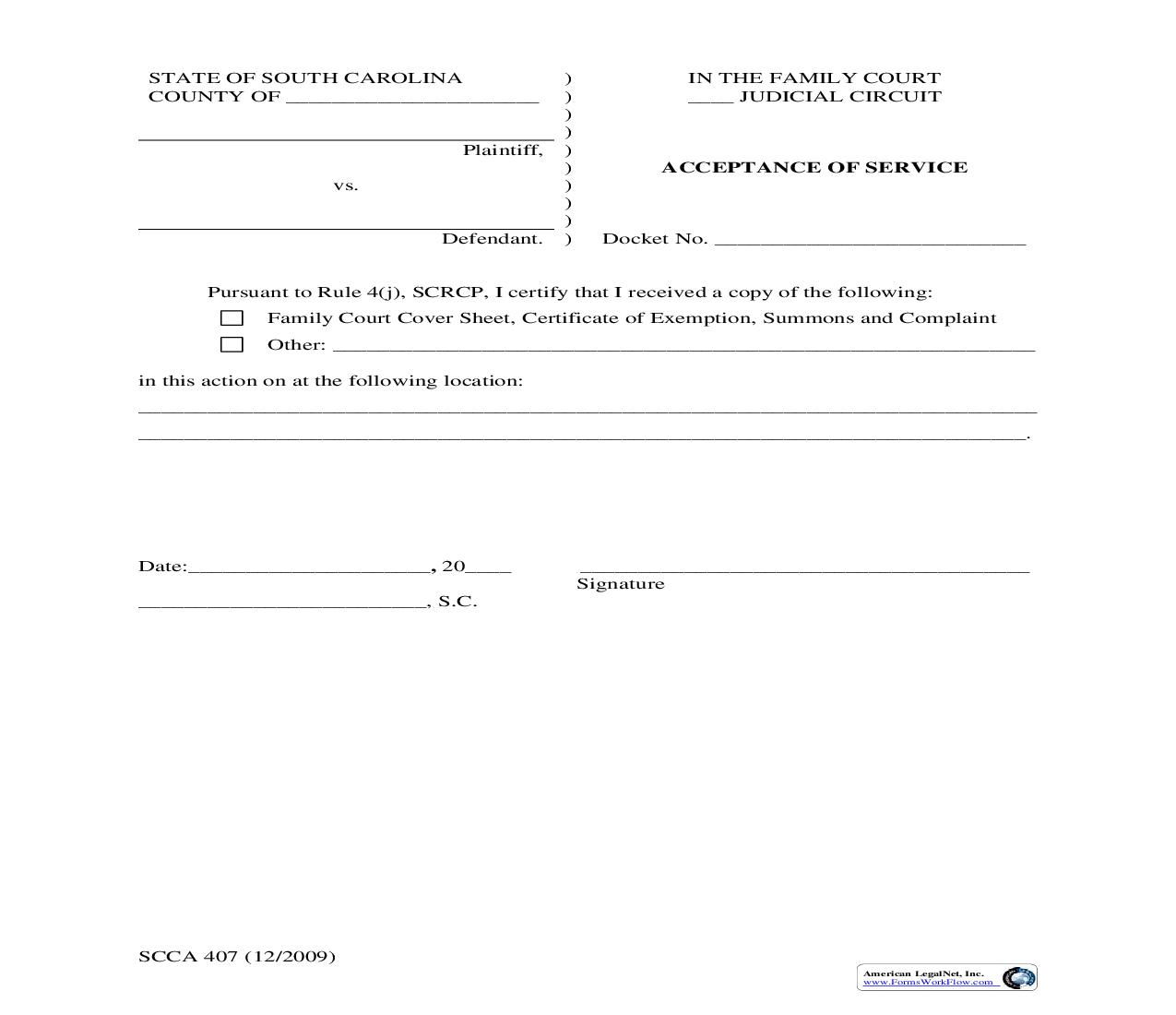 Acceptance Of Service {SCCA-407} | Pdf Fpdf Doc Docx | South Carolina