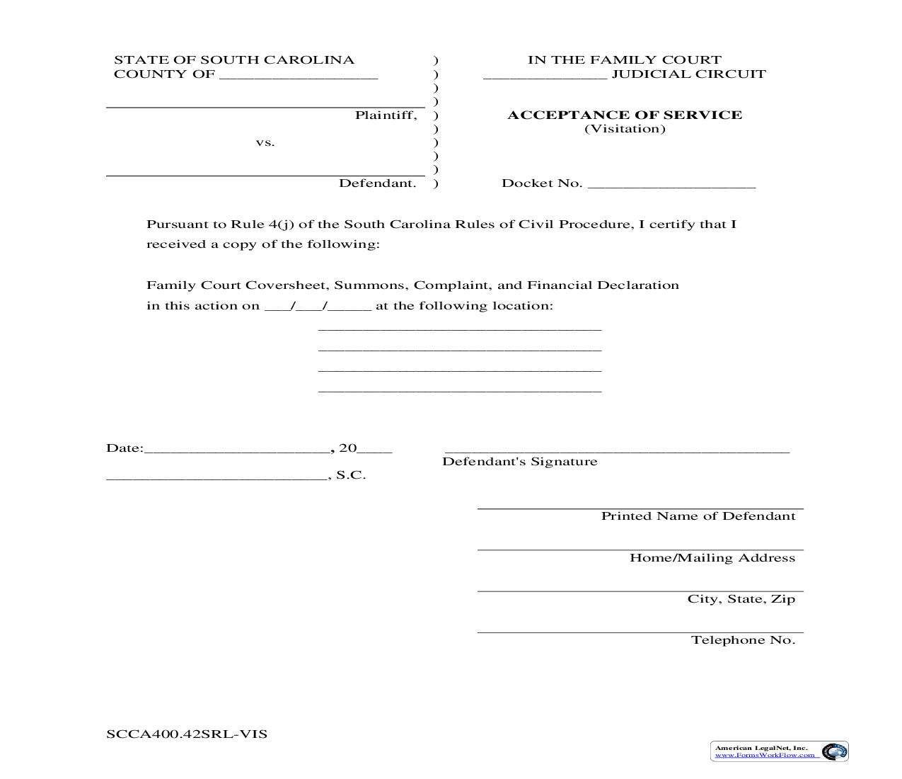 Acceptance Of Service {SCCA400.42SRL-VIS} | Pdf Fpdf Doc Docx | South Carolina