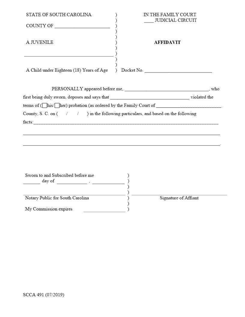 Affidavit (Juvenile Probation Violation) {SCCA-491} | Pdf Fpdf Doc Docx | South Carolina