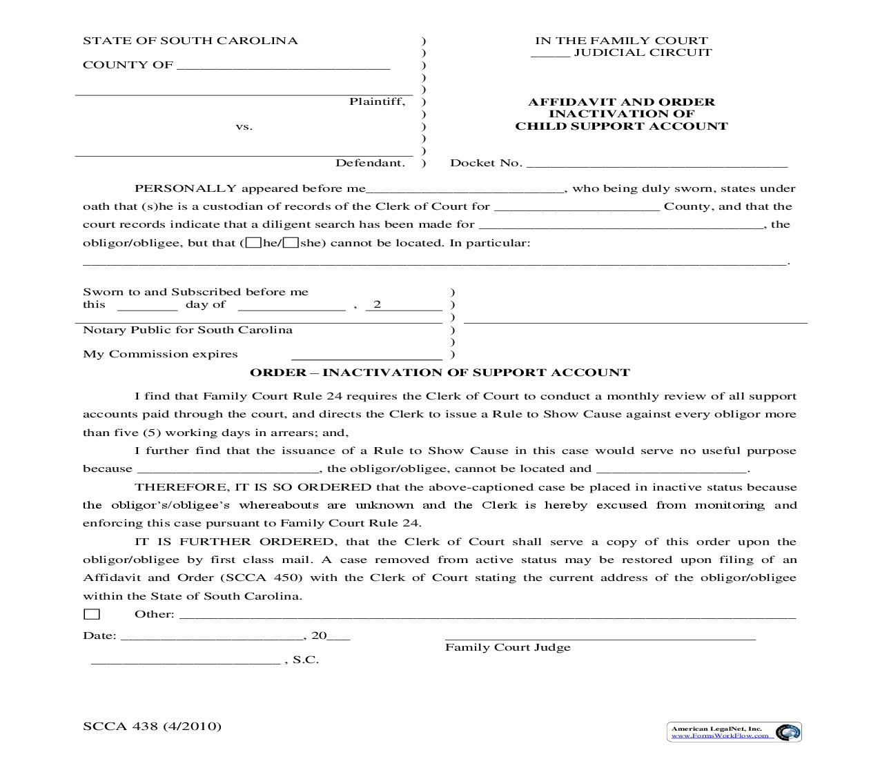 Affidavit - Inactivation Of Child Support Account {SCCA-438} | Pdf Fpdf Doc Docx | South Carolina