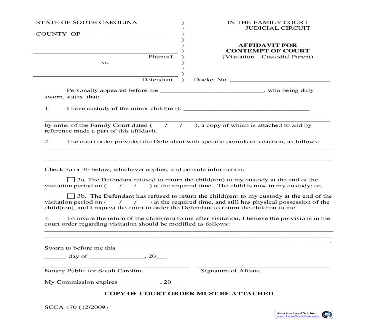 Affidavit For Citation For Contempt Of Court (Visitation - For Use By Custodial Parent) {SCCA-470} | Pdf Fpdf Doc Docx | South Carolina