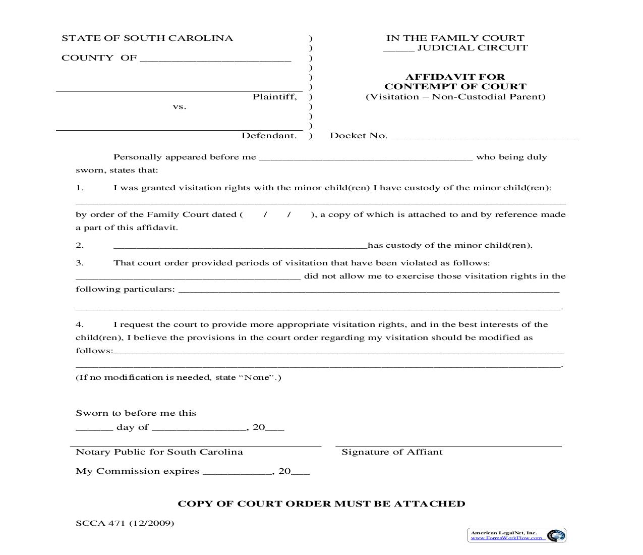 Affidavit For Citation For Contempt Of Court (Visitation - For Use By Non-Custodial Parent) {SCCA-471} | Pdf Fpdf Doc Docx | South Carolina