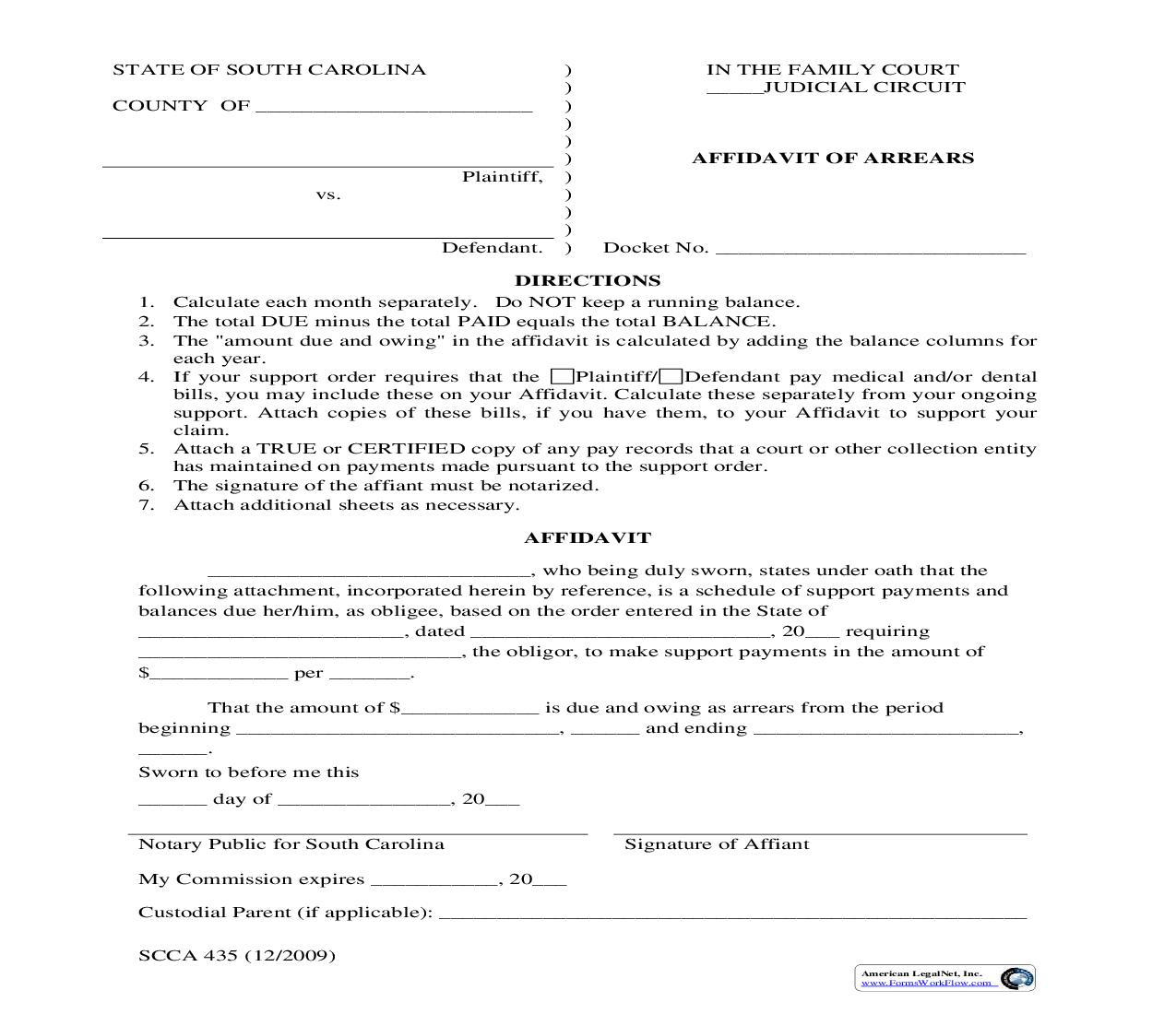 Affidavit Of Arrears (Child Support Not Paid Through Clerk Of Court) {SCCA-435} | Pdf Fpdf Doc Docx | South Carolina