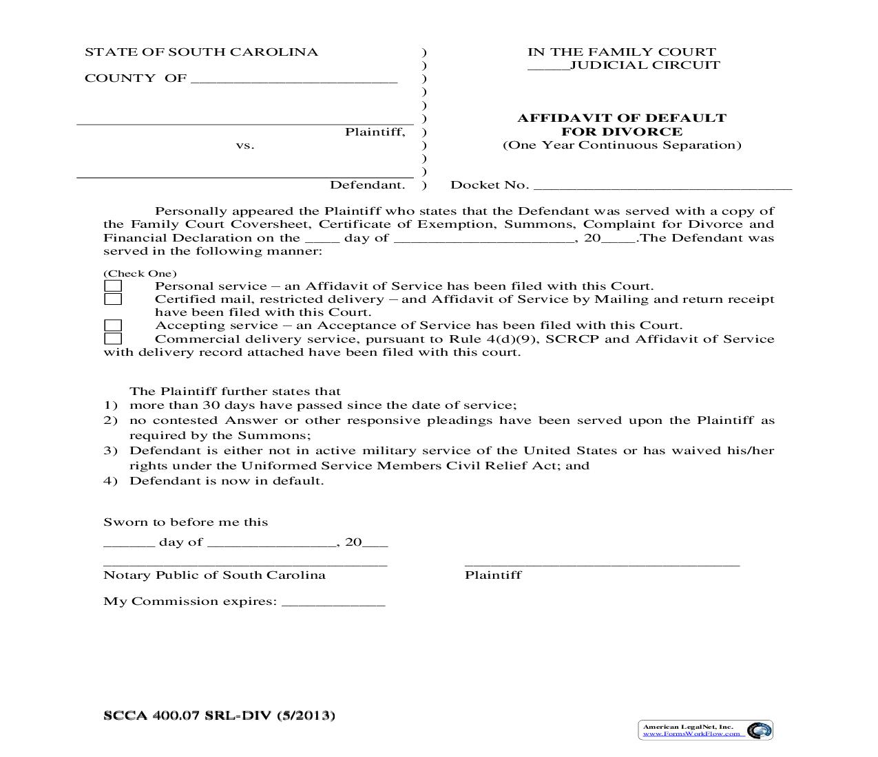 Affidavit Of Default For Divorce (One Year Continuous Separation) {SCCA 400.07SRL-DIV} | Pdf Fpdf Doc Docx | South Carolina