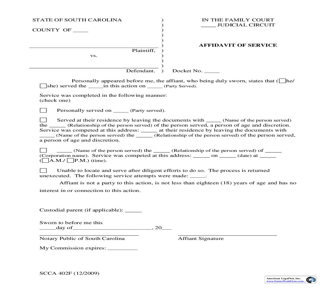 Affidavit Of Service {SCCA-402F} | Pdf Fpdf Doc Docx | South Carolina