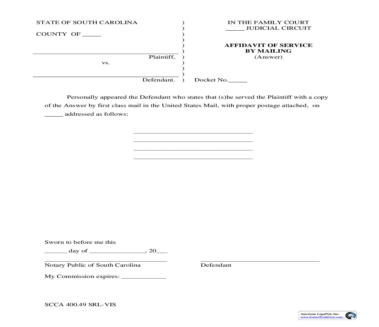 Affidavit Of Service By Mailing (Answer) {SCCA400.49SRL-VIS} | Pdf Fpdf Doc Docx | South Carolina