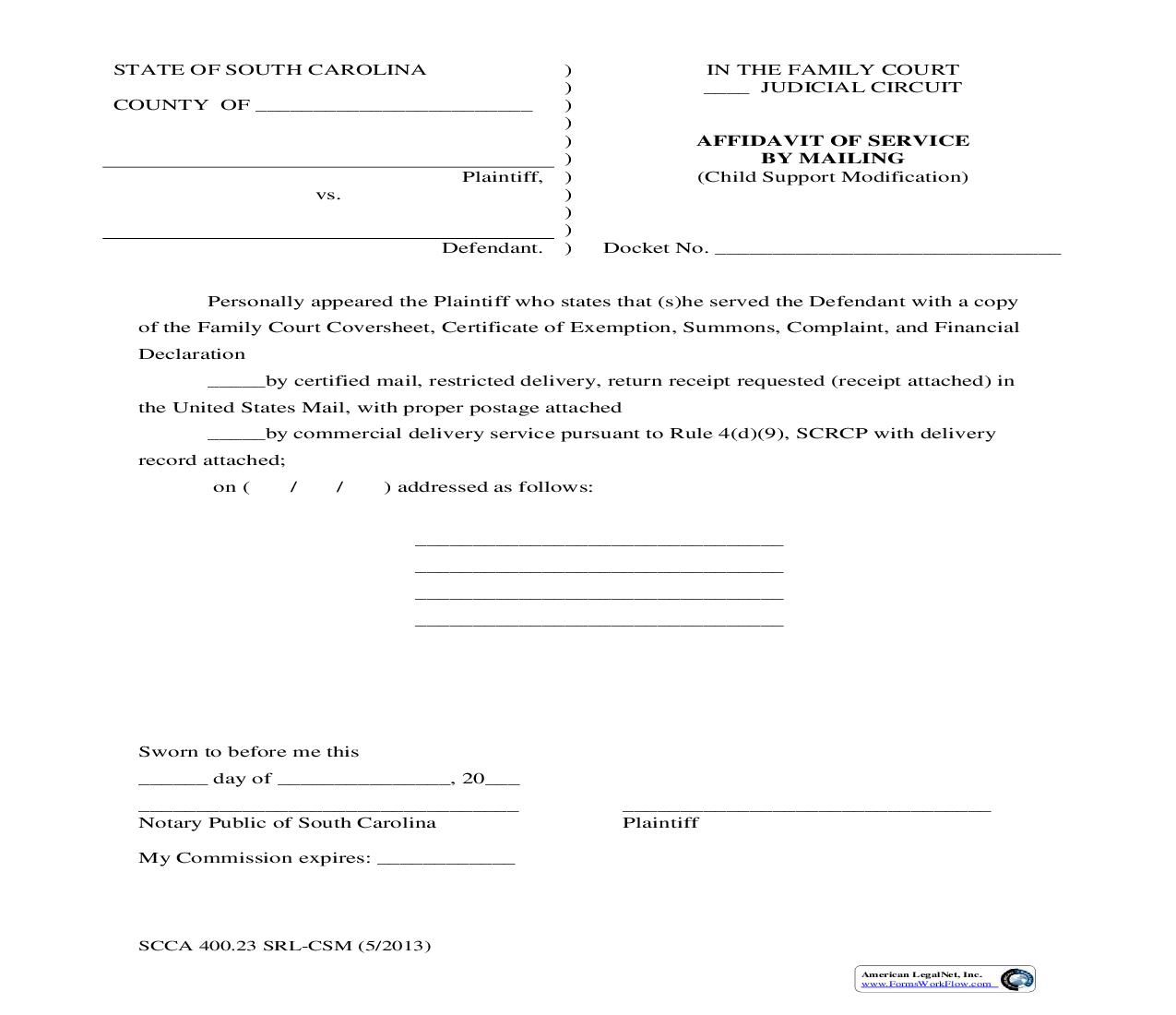 Affidavit Of Service By Mailing (Child Support Modification) {SCCA 400.23SRL-CSM} | Pdf Fpdf Doc Docx | South Carolina