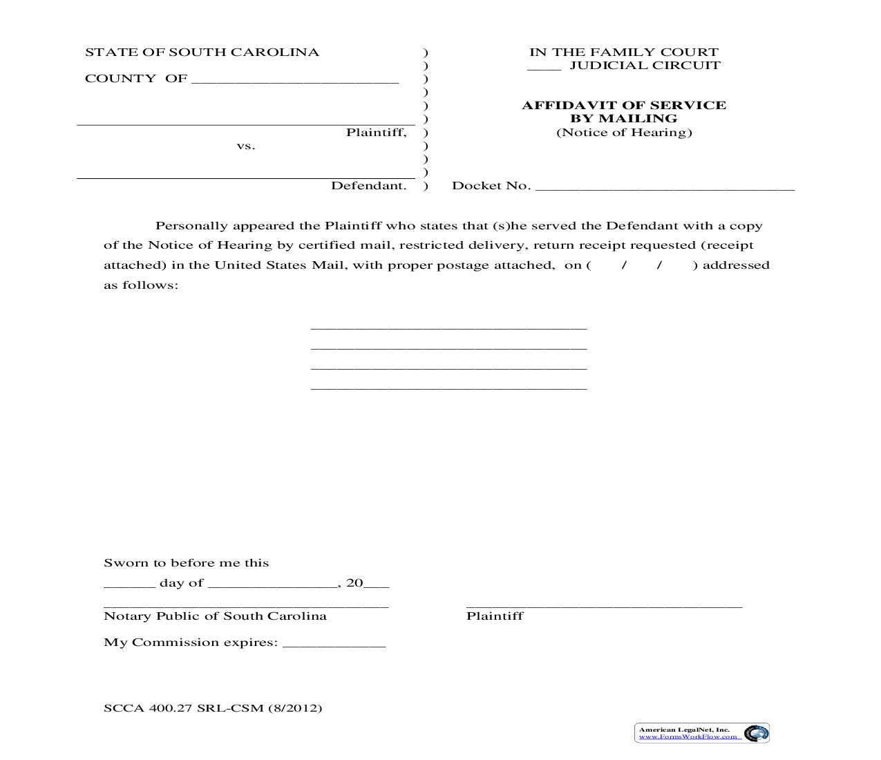 Affidavit Of Service By Mailing (Notice Of Hearing) {SCCA 400.27 SRL-CSM} | Pdf Fpdf Doc Docx | South Carolina