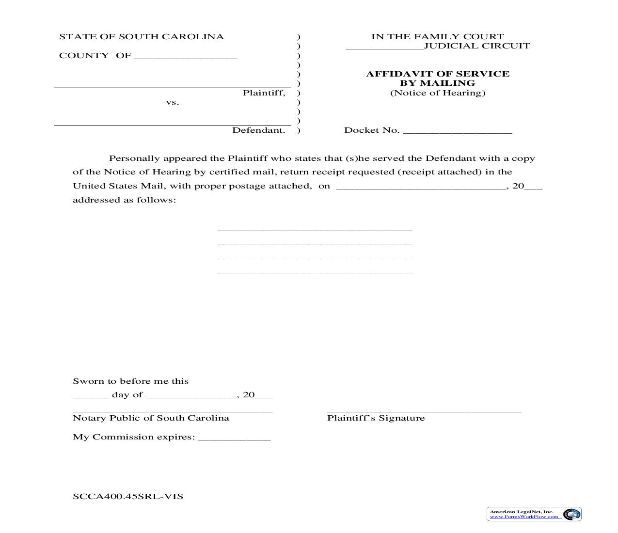 Affidavit Of Service By Mailing (Notice Of Hearing) {SCCA400.45SRL-VIS} | Pdf Fpdf Doc Docx | South Carolina