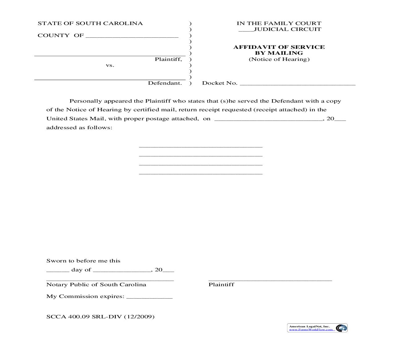 Affidavit Of Service By Mailing (Notice of Hearing) {SCCA 400.09 SRL-DIV} | Pdf Fpdf Doc Docx | South Carolina