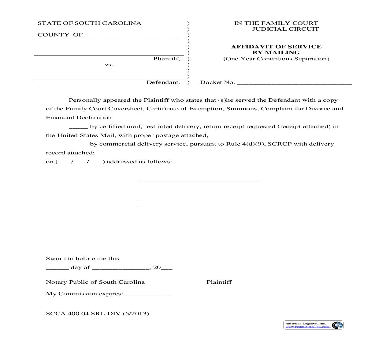 Affidavit Of Service By Mailing (One Year Continuous Separation) {SCCA 400.04SRL-DIV} | Pdf Fpdf Doc Docx | South Carolina