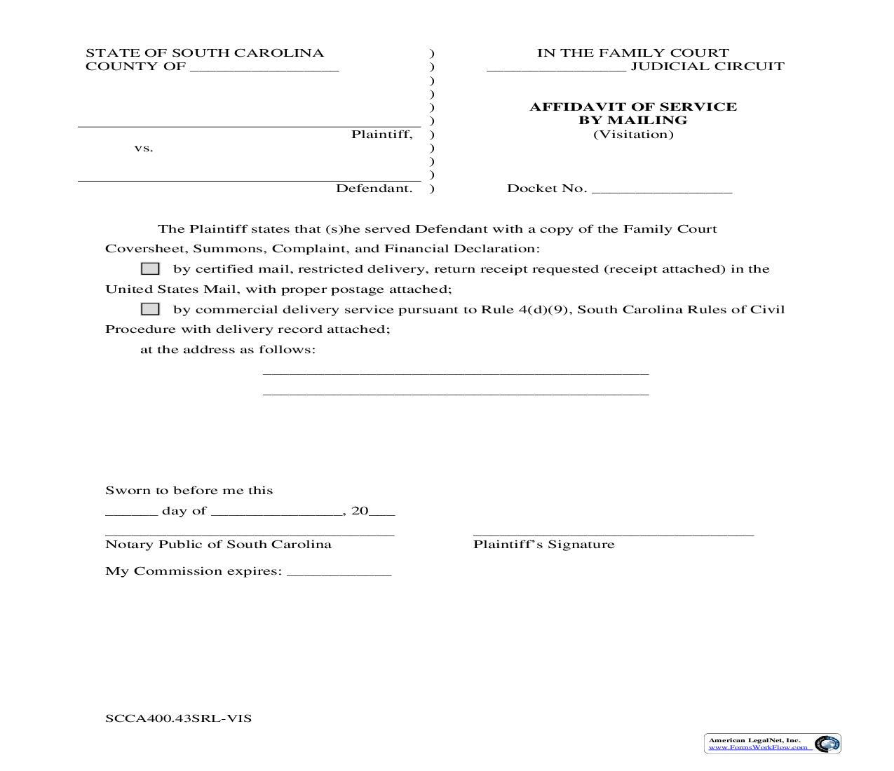 Affidavit Of Service By Mailing (Visitation) {SCCA400.43SRL-VIS} | Pdf Fpdf Doc Docx | South Carolina