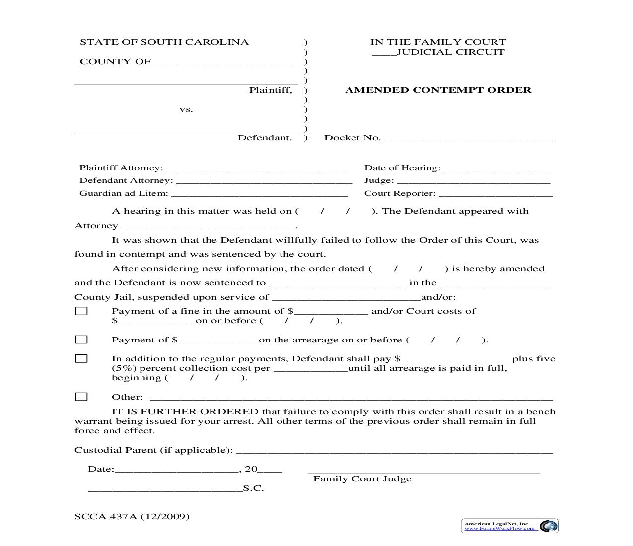 Amended Contempt Order {SCCA-437A} | Pdf Fpdf Doc Docx | South Carolina