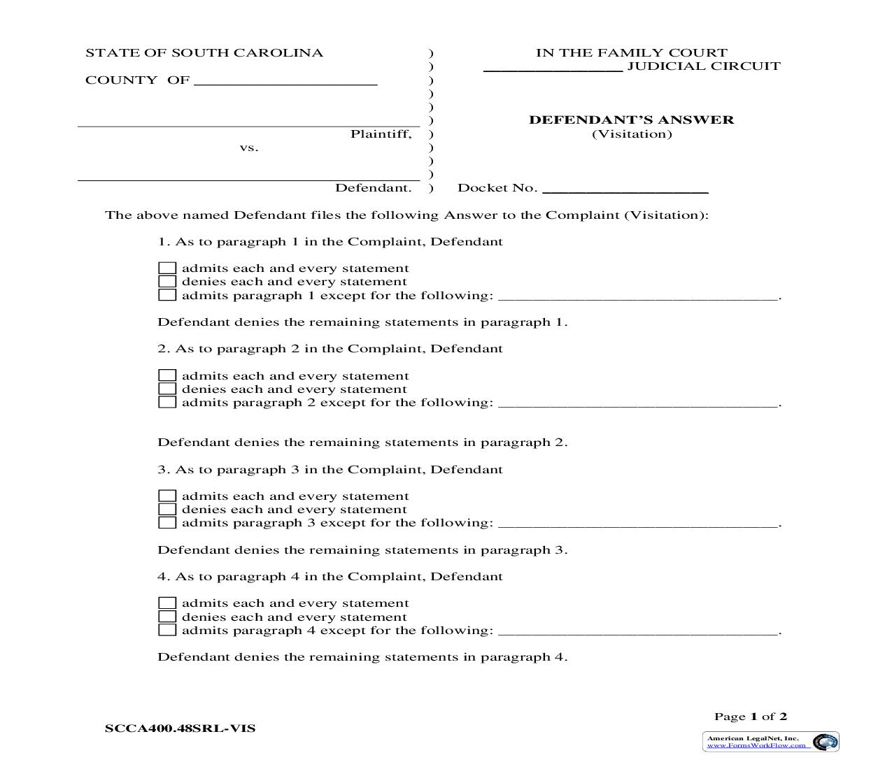 Answer (Defendants Answer Visitation) {SCCA400.48SRL-VIS} | Pdf Fpdf Doc Docx | South Carolina