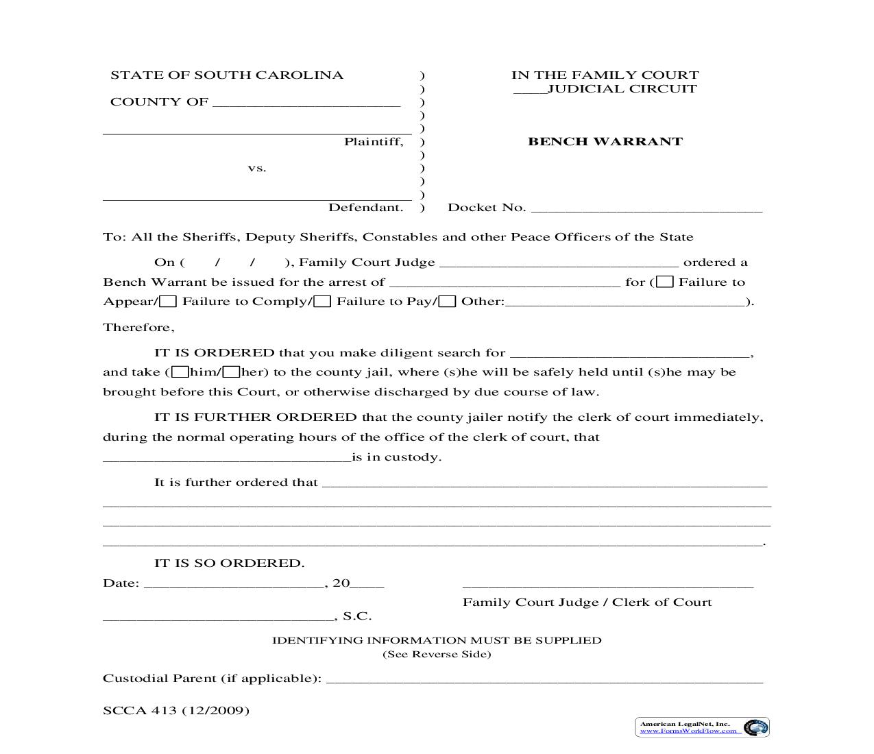 Bench Warrant {SCCA-413} | Pdf Fpdf Doc Docx | South Carolina