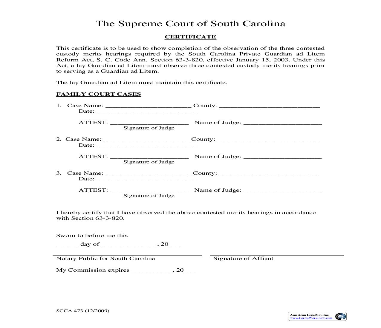 Certificate (Guardian Ad Litem Form) {SCCA-473} | Pdf Fpdf Doc Docx | South Carolina