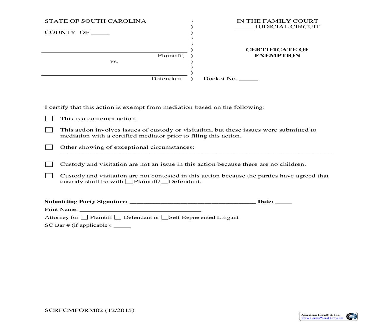 Certificate Of Exemption {SCRFCMFORM02} | Pdf Fpdf Doc Docx | South Carolina