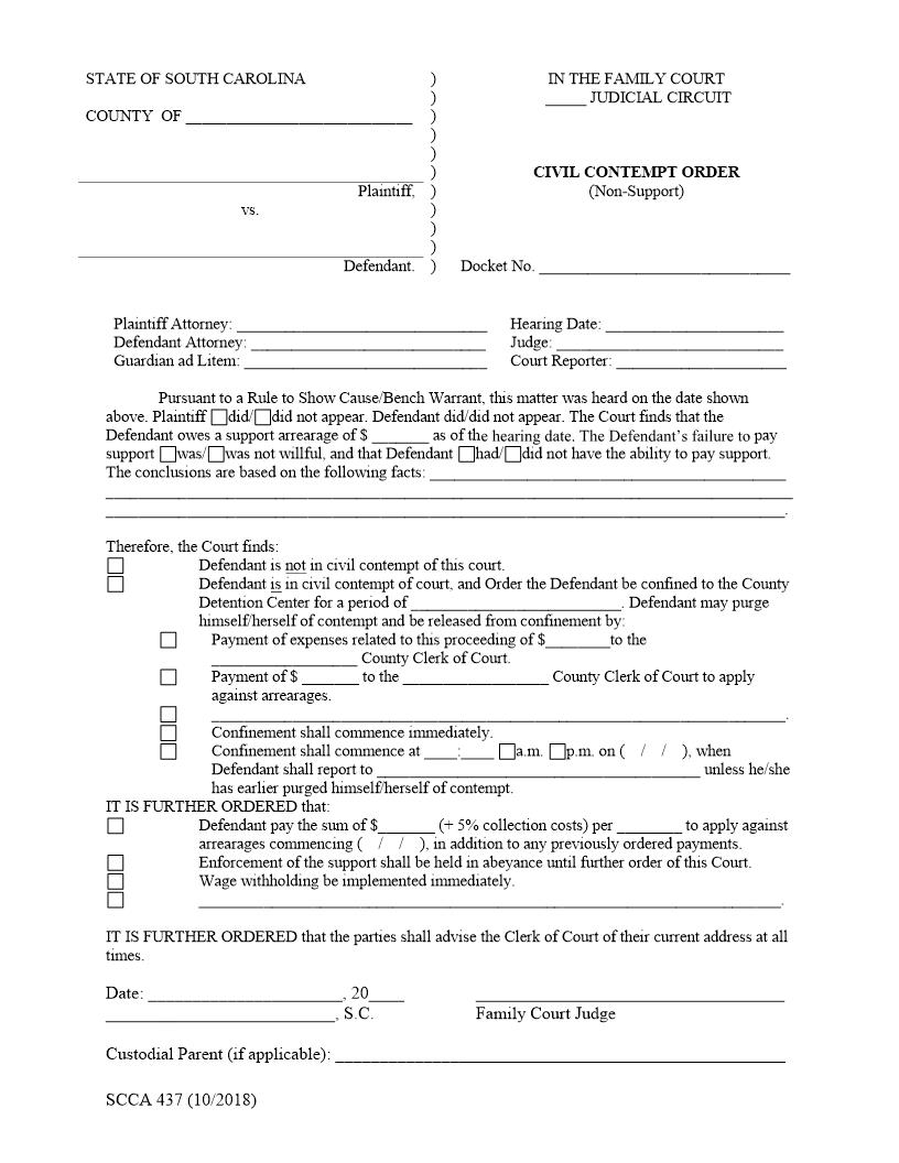 Civil Contempt Order (Non-Support) {SCCA-437} | Pdf Fpdf Doc Docx | South Carolina