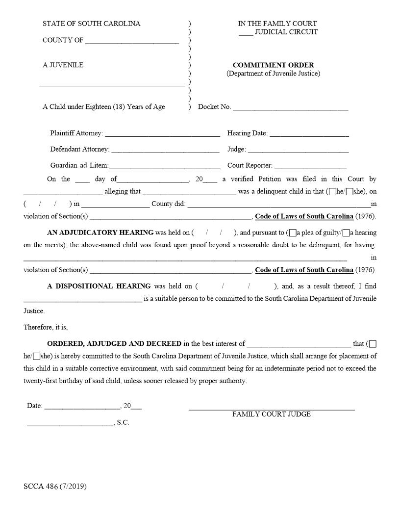 Commitment Order (Juvenile Delinquent) {SCCA-486} | Pdf Fpdf Doc Docx | South Carolina