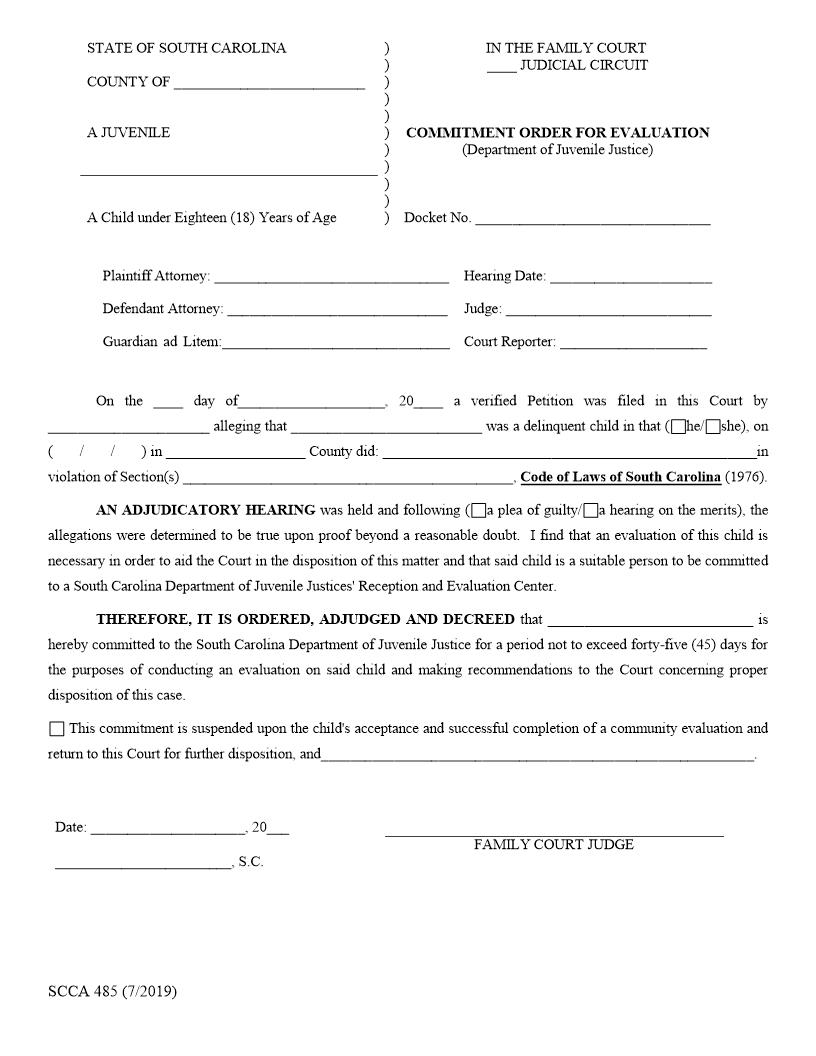 Commitment Order For Evaluation (Juvenile Delinquent) {SCCA-485} | Pdf Fpdf Doc Docx | South Carolina
