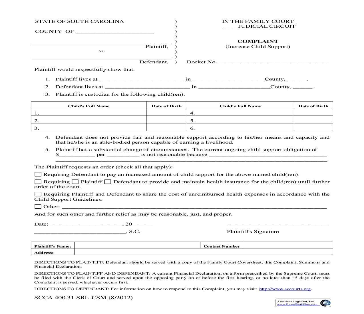 Complaint (Increased Child Support) {SCCA 400.31 SRL-CSM} | Pdf Fpdf Doc Docx | South Carolina